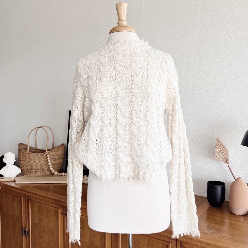 CREAM WOVEN DISTRESSED SEAMED SWEATER #0310